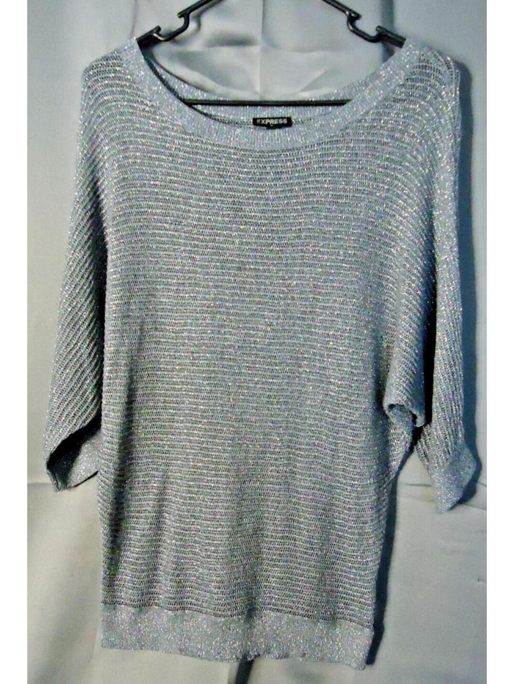 Express Open Knit Layering Blouse/Sweater Grey W/ Metallic Thread Sze Medium Y2K
